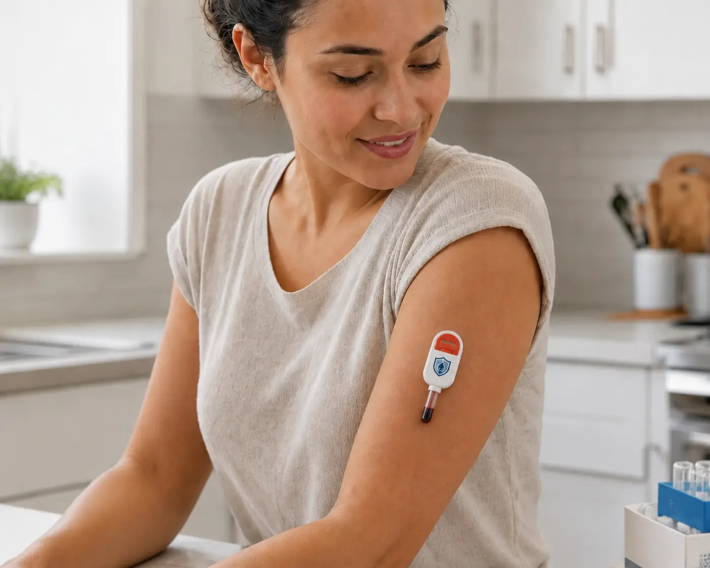 Woman wearing the approved BioLabKit blood-collection device on her upper arm