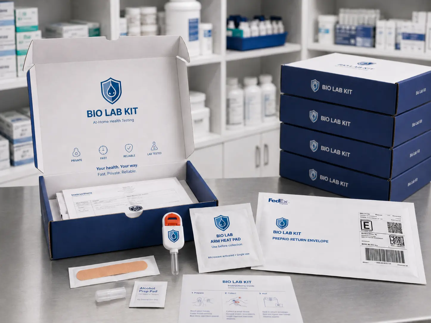 BioLabKit collection kit, upper-arm device, instructions, and return materials