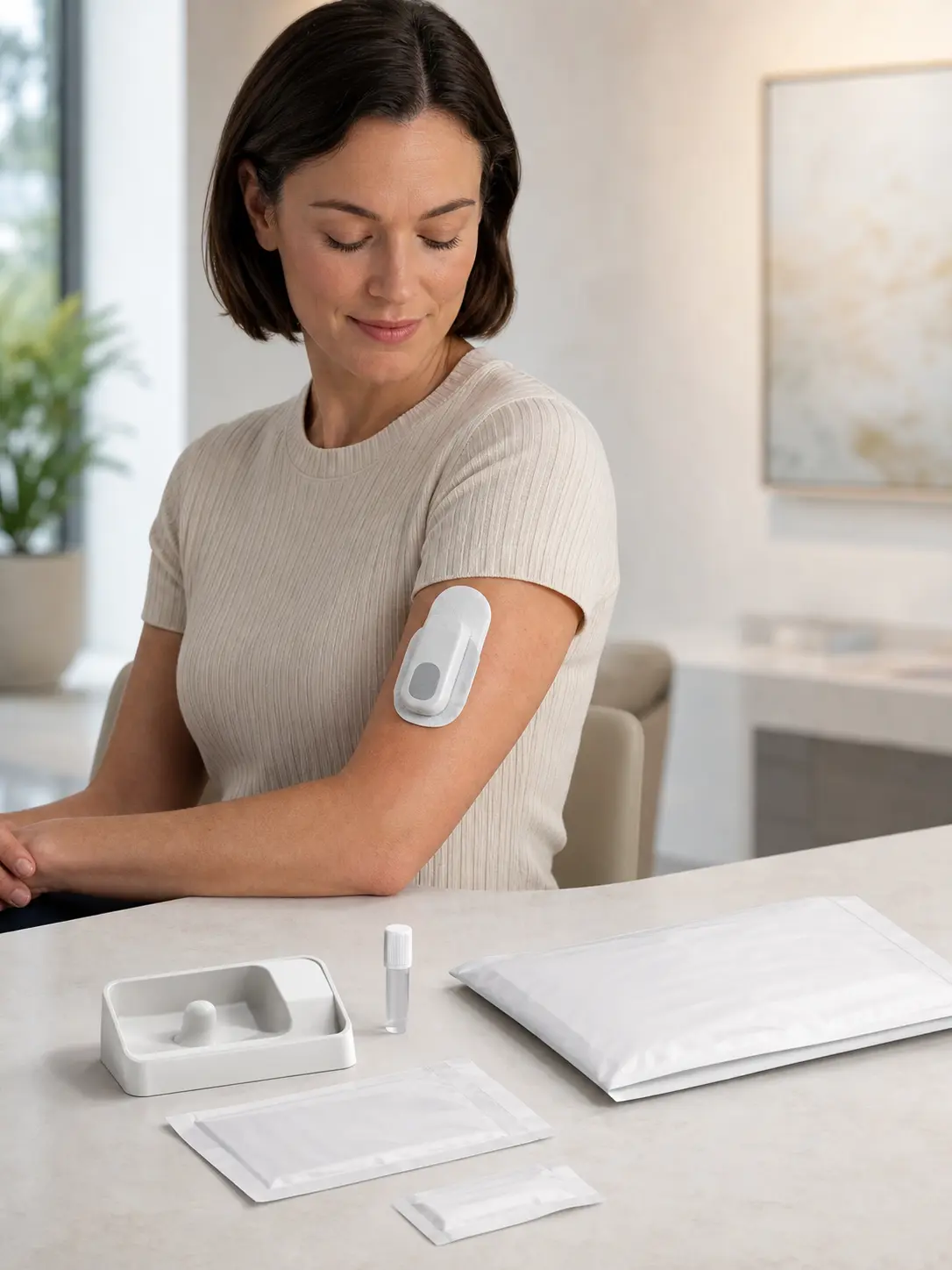 Woman wearing an upper-arm collection device beside the kit return materials